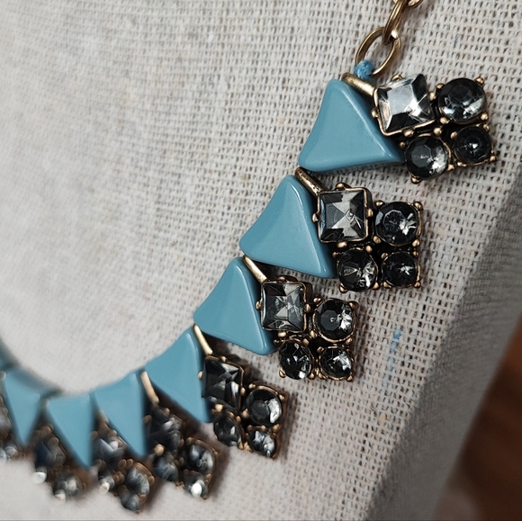 J. Crew Art Deco Revival Triangle Cornflower Blue Brass Smoke Stone Necklace EUC - Picture 9 of 10